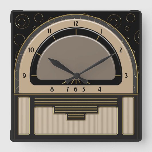Art Deco Radiola (Latte, Griechenland, Schwarz, Go Quadratische Wanduhr (Vorderseite)