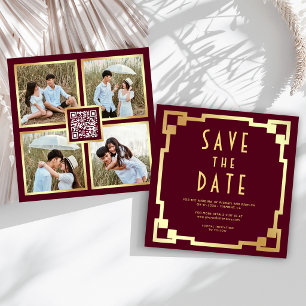 Art Deco Rahmen Burgund Gold QR Code Hochzeit Save The Date