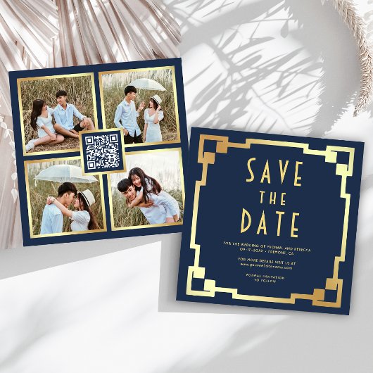 Art Deco Rahmen Navy Blau Gold QR Code Hochzeit Save The Date