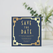 Art Deco Rahmen Navy Blau Gold QR Code Hochzeit Save The Date (Stehend Vorderseite)