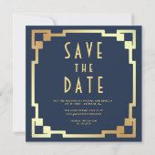 Art Deco Rahmen Navy Blau Gold QR Code Hochzeit Save The Date (Vorderseite)