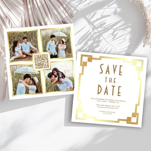 Art Deco Rahmen Weiße Hochzeit QR Code Save The Date