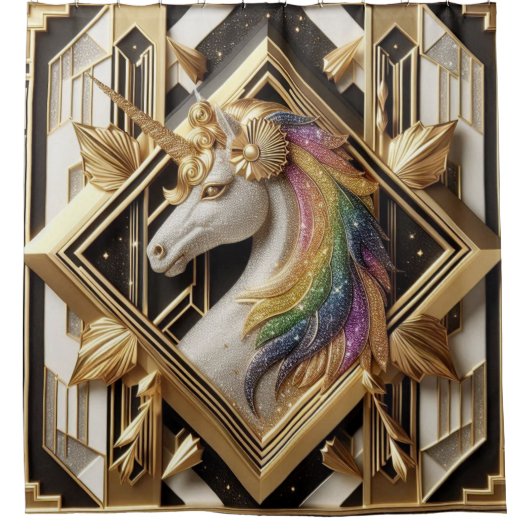 Art Deco Rainbow Faux Glitter Unicorn Duschvorhang (Vorderseite)