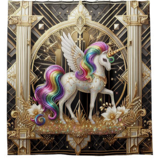 Art Deco Rainbow Faux Glitter Unicorn Duschvorhang