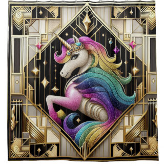 Art Deco Rainbow Faux Glitter Unicorn Duschvorhang