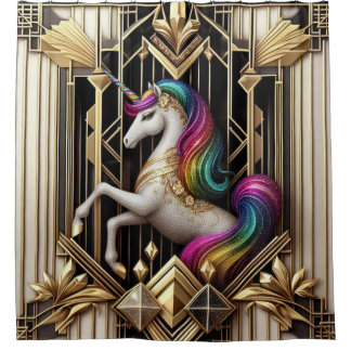 Art Deco Rainbow Faux Glitter Unicorn Duschvorhang
