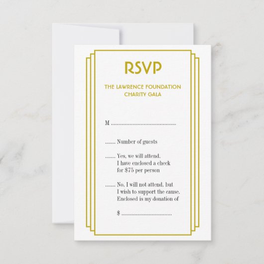 Art-Deco-Reaktion auf gestapelte Rahmen-Gold-UAWG RSVP Karte (Vorderseite)