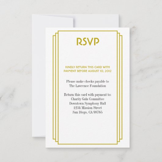 Art-Deco-Reaktion auf gestapelte Rahmen-Gold-UAWG RSVP Karte (Rückseite)