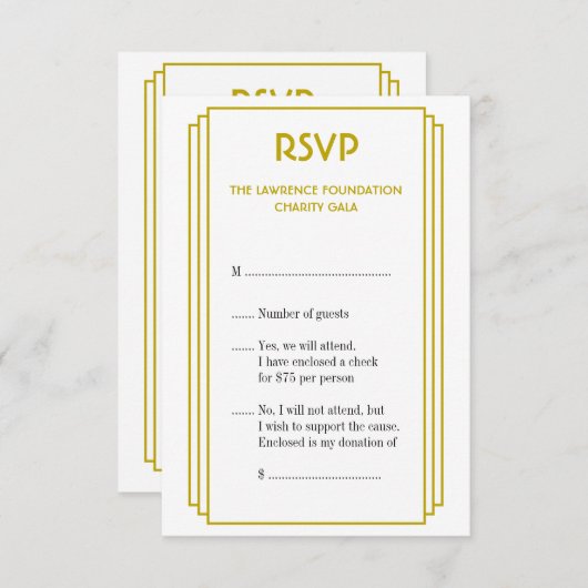 Art-Deco-Reaktion auf gestapelte Rahmen-Gold-UAWG RSVP Karte (Vorne/Hinten)