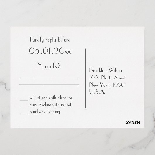 Art Deco Real Gold Foil Wedding RSVP Postkarten (Rückseite)