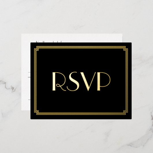 Art Deco Real Gold Foil Wedding RSVP Postkarten (Vorderseite/Rückseite)