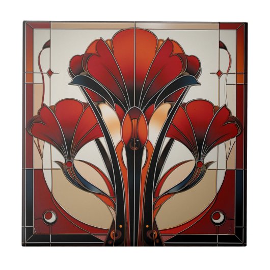 Art Deco Red Black White Abstract Floral Fliese (Vorderseite)
