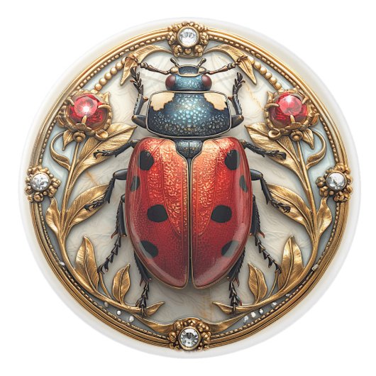 Art Deco Red Enamel Ladybug Rubies Gold Diamonds Keramikknauf (Vorderseite)