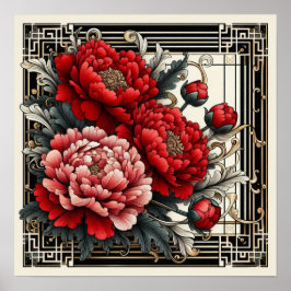 Art Deco Red Peonies Poster