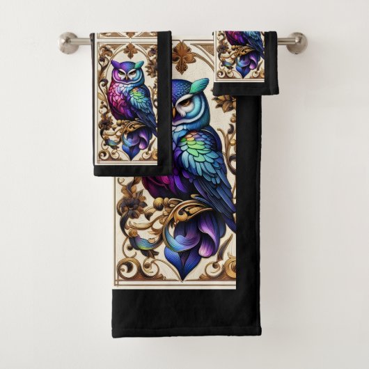 Art Deco Regenbogen-Eule Badhandtuch Set (Insitu)