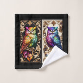 Art Deco Regenbogen-Eule Badhandtuch Set (Waschlappen)