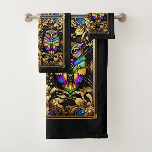 Art Deco Regenbogen-Eule Badhandtuch Set (Insitu)