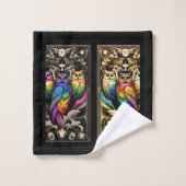 Art Deco Regenbogen-Eule Badhandtuch Set (Waschlappen)