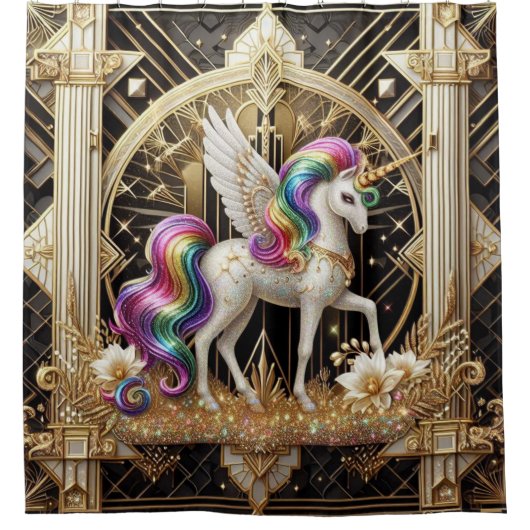 Art Deco Regenbogen-Faux-Glitter-Einhorn Duschvorhang (Vorderseite)