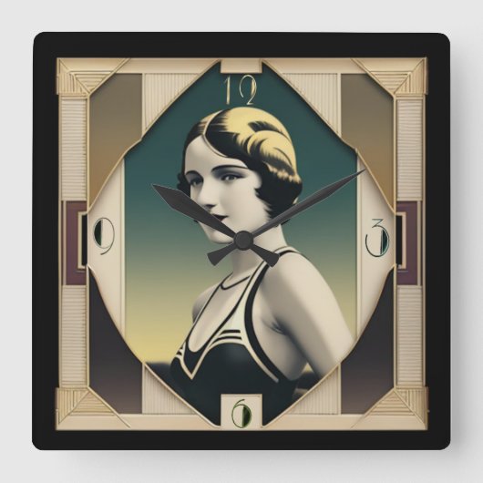 Art Deco Retro Giro Quadratische Wanduhr (Vorderseite)