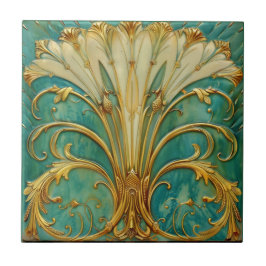Art Deco Retro Gold Türkis Trompetenblume Fliese