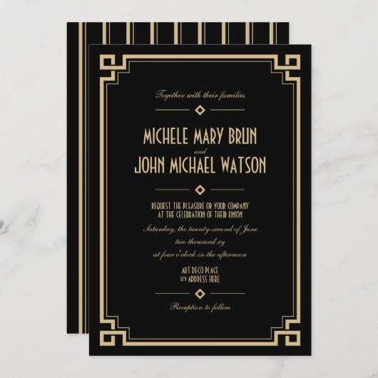 Art Deco Retro Rahmen Dunkle Hochzeit Einladung (Vorne/Hinten)