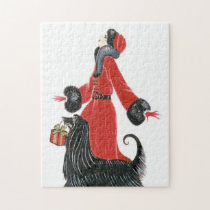 Art Deco Retro Vintage Dame und Hund Weihnachten Puzzle