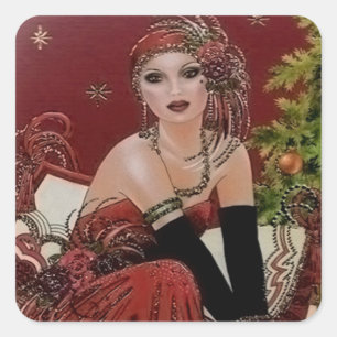 Art Deco Retro Vintage Weihnachtsdame Holiday Quadratischer Aufkleber