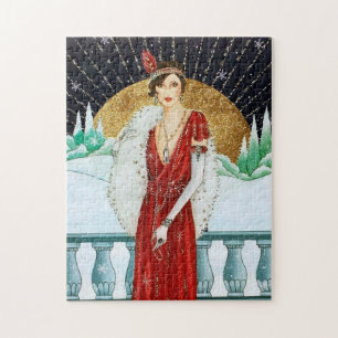Art Deco Retro Vintage Weihnachtsdame Puzzle