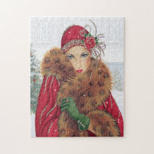Art Deco Retro Vintage Weihnachtsdame Puzzle