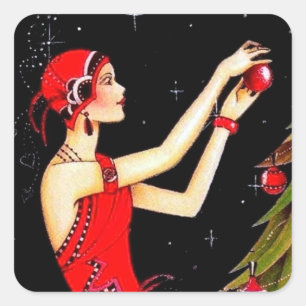 Art Deco Retro Vintage Weihnachtsdamen-Aufkleber Quadratischer Aufkleber