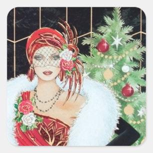 Art Deco Retro Vintage Weihnachtsdamen-Aufkleber Quadratischer Aufkleber