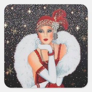 Art Deco Retro Vintage Weihnachtsdamen-Aufkleber Quadratischer Aufkleber