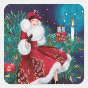 Art Deco Retro Vintage Weihnachtsdamen-Aufkleber Quadratischer Aufkleber