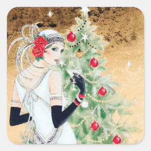 Art Deco Retro Vintage Weihnachtsdamen-Aufkleber Quadratischer Aufkleber