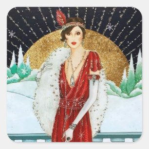 Art Deco Retro Vintage Weihnachtsdamen-Aufkleber Quadratischer Aufkleber