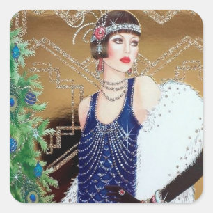 Art Deco Retro Vintage Weihnachtsfeiertag Dame Quadratischer Aufkleber