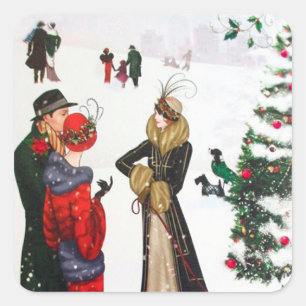 Art Deco Retro Vintage Weihnachtsfeiertag Quadratischer Aufkleber