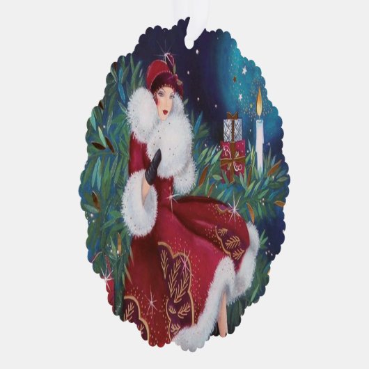 Art Deco Retro Weihnachtsfrau Ornament Karte (Rechts)