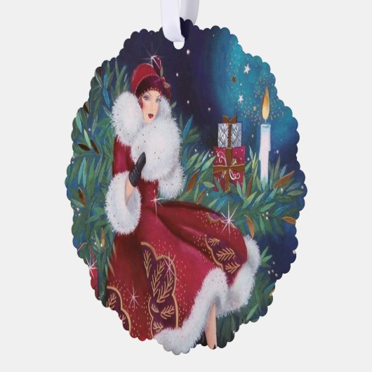 Art Deco Retro Weihnachtsfrau Ornament Karte (Links)