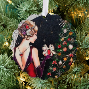 Art Deco Retro Weihnachtsfrau Ornament Karte