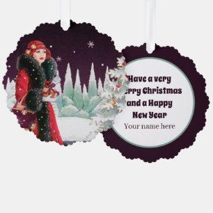 Art Deco Retro Weihnachtsfrau Ornament Karte