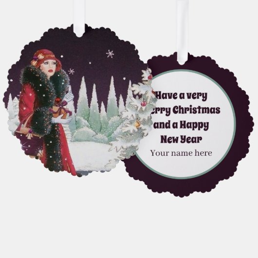 Art Deco Retro Weihnachtsfrau Ornament Karte (Vorderseite/Rückseite)