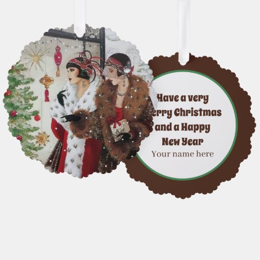 Art Deco Retro Weihnachtsfrauen Ornament Karte (Vorderseite/Rückseite)