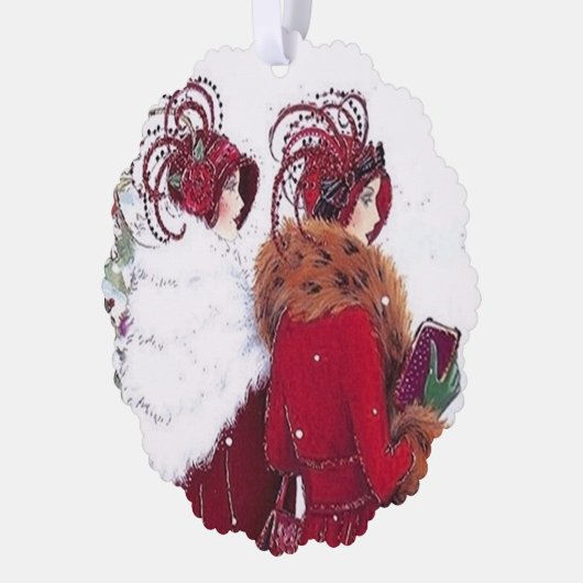 Art Deco Retro Weihnachtsfrauen Ornament Karte (Links)