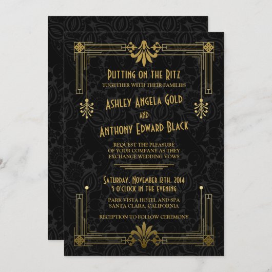 Art Deco Roaring 20er Black Gold Hochzeit Einladun Einladung (Vorne/Hinten)