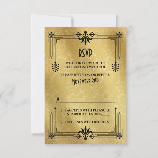 Art Deco Roaring 20er Black Gold Wedding RSVP Card (Vorderseite)