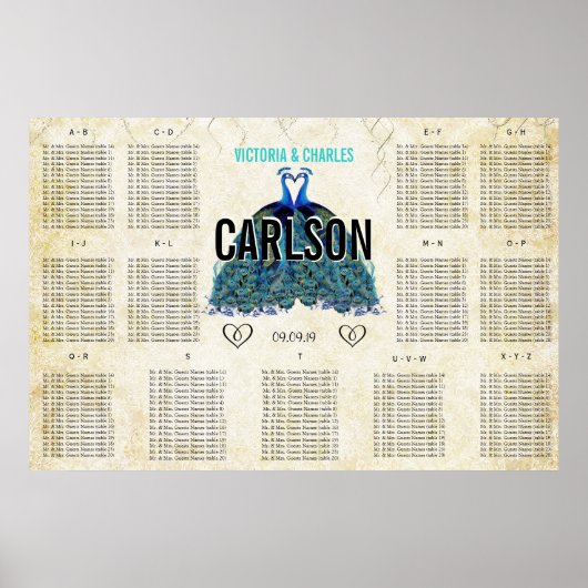 Art Deco Roaring 20er Gatsby Peacock Seating Chart Poster (Vorne)