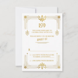 Art Deco Roaring 20s Gold White Wedding RSVP Card Einladung