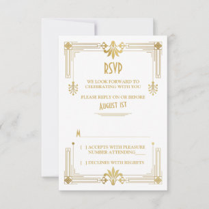 Art Deco Roaring 20s Gold White Wedding RSVP Card Einladung